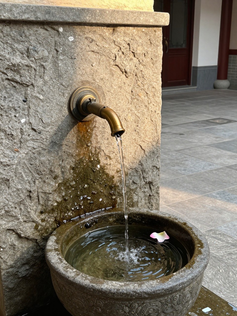 Photo of a stone wall with a bronze spout trickling water into a basin below, corner angle view, setting in a small enclosed courtyard with tile flooring, late afternoon light, containing a single flower petal floating in the basin, iPhone photo quality.