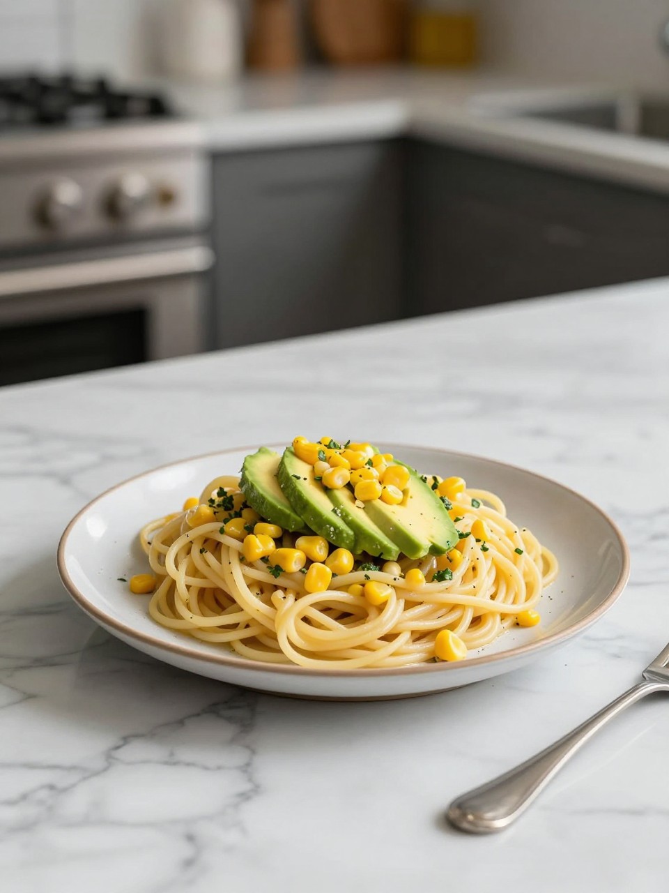 An overheard picture view of a plate of Spaghetti Salad with Avocado and Corn sitting on a marble countertop table in the kitchen, professional food photography style.