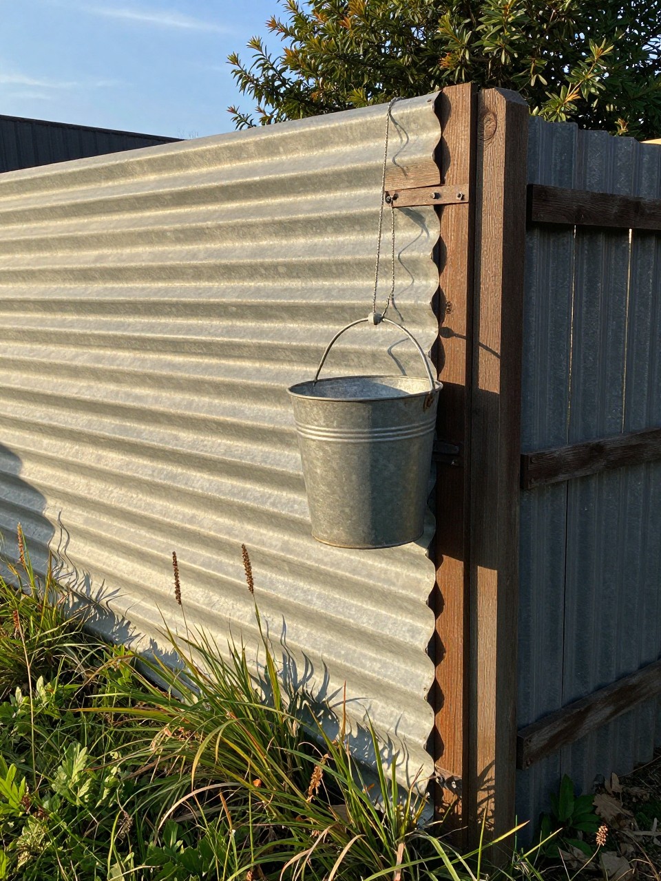 Photo of a weathered corrugated metal fence section with grasses in front in a rustic country backyard, corner angle, late afternoon light, containing an old galvanized bucket hanging on the metal, iPhone photo quality.
