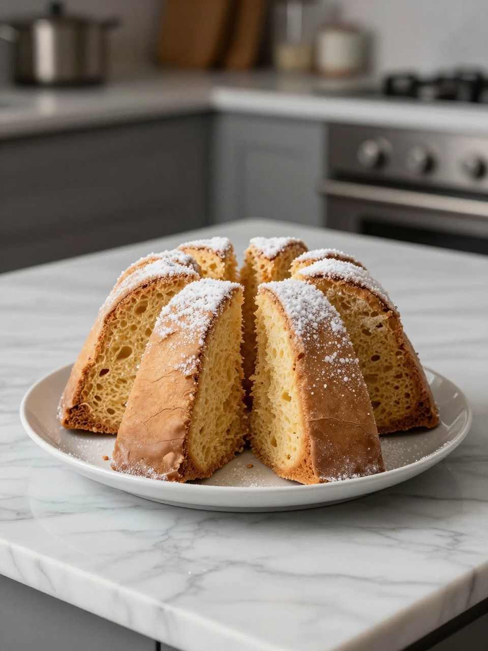 An overheard picture view of a plate of Pandoro Veronese sitting on a marble countertop table in the kitchen, professional food photography style.