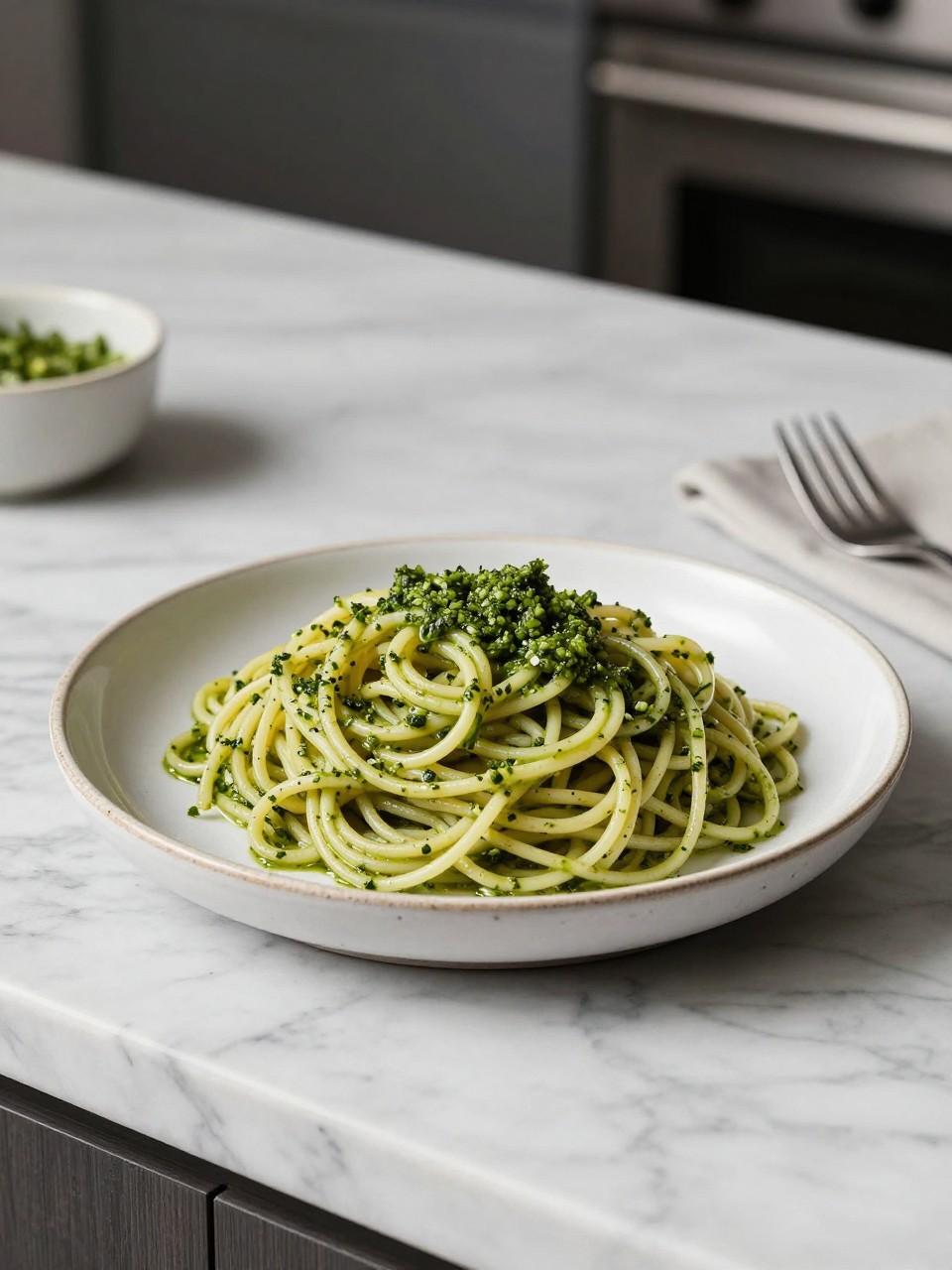 An overheard picture view of a plate of Spaghetti Salad with Pesto sitting on a marble countertop table in the kitchen, professional food photography style.