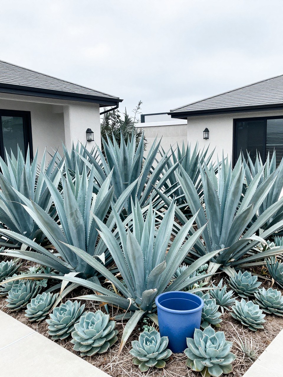 Photo of a monochromatic bed of blue-green agave and succulents, wide view, setting in a front yard with modern architecture, bright filtered light, containing a single blue pot as an accent, iPhone photo quality.