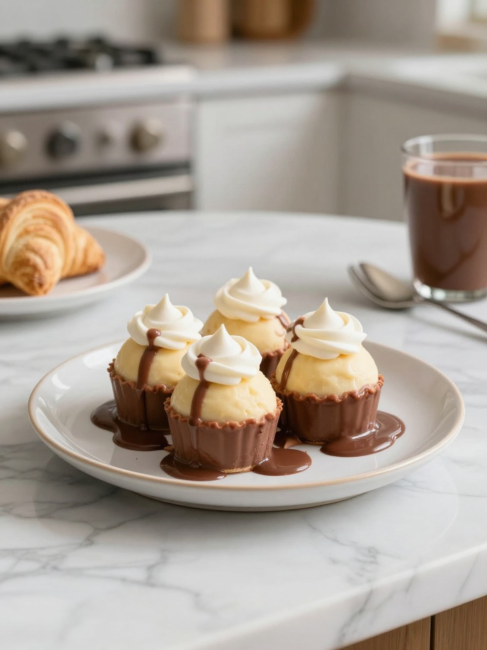 An overheard picture view of a plate of Champurrado sitting on a marble countertop table in the kitchen, professional food photography style.
