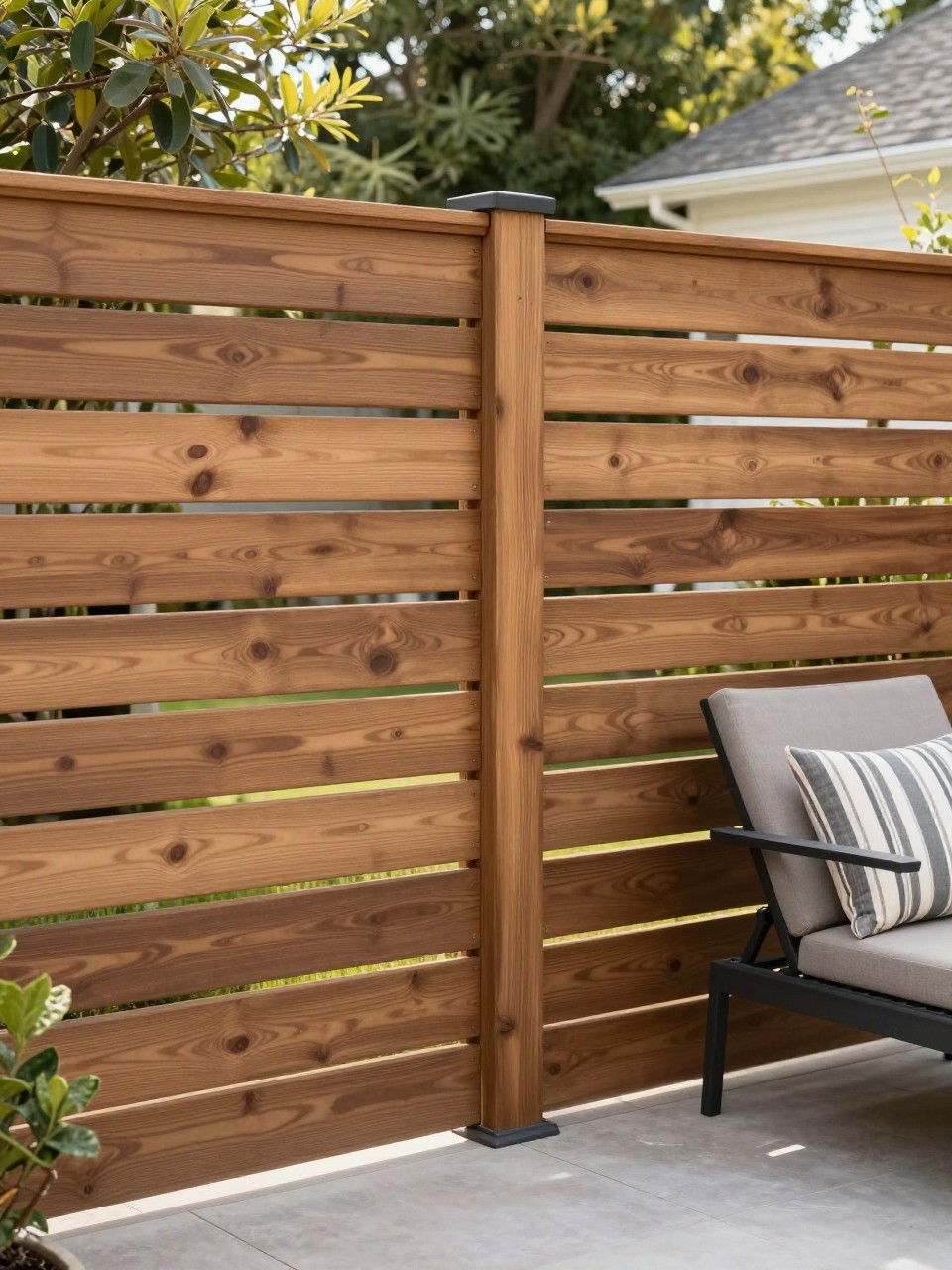 Photo of a modern horizontal wood slat fence with a gap design, corner angle view, setting in a tidy backyard patio with lounge furniture, morning light, containing a striped outdoor pillow on a nearby chair, iPhone photo quality.
