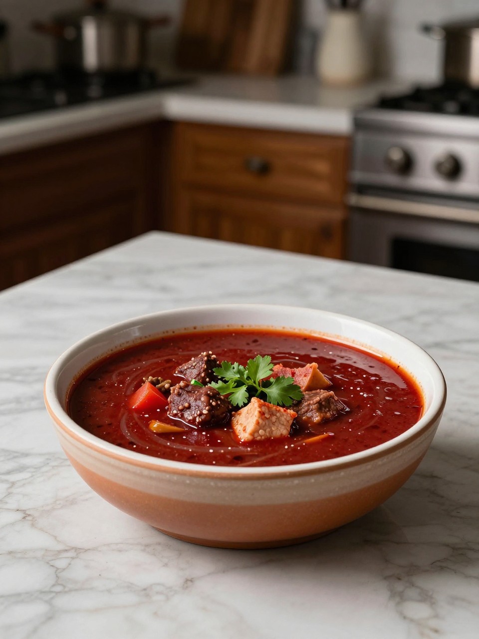 An overheard picture view of a plate of Pozole Rojo sitting on a marble countertop table in the kitchen, professional food photography style.