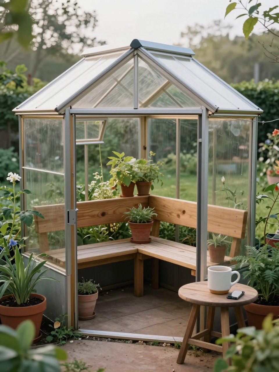 Photo of a small greenhouse with a built-in wooden bench and potted plants around it, corner angle view, setting in a backyard garden, soft morning light, containing a ceramic mug on a small side table, iPhone photo quality.