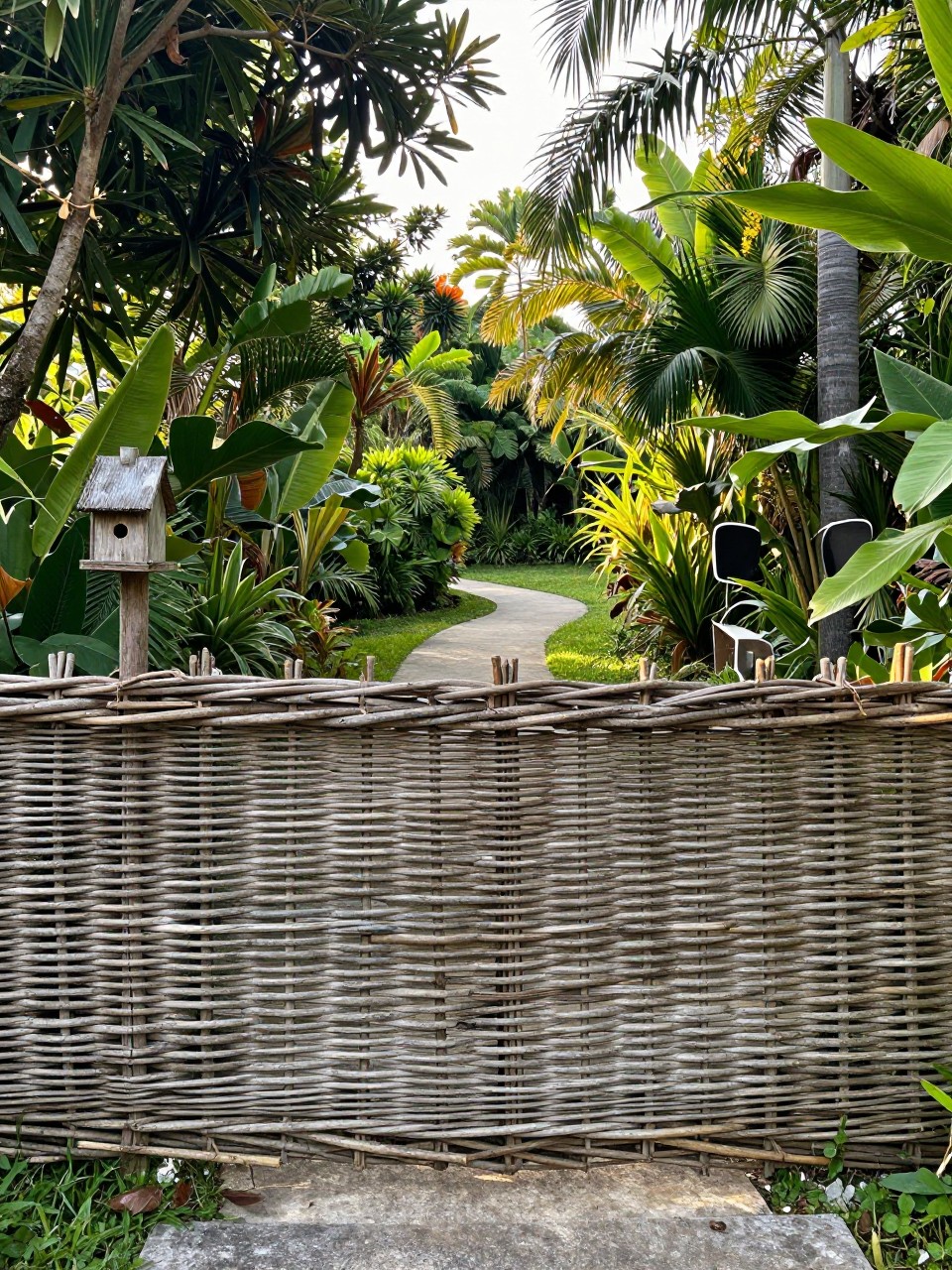 Photo of a woven willow branch fence creating a natural boundary, straight-on view, setting in a lush tropical garden with winding path, morning light, containing a small birdhouse attached to a post, iPhone photo quality.
