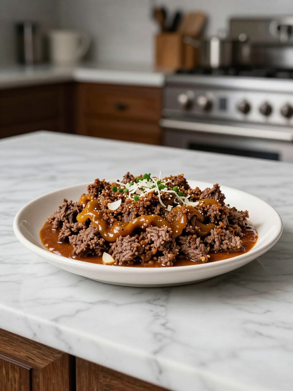 An overheard picture view of a plate of Ground Beef Sloppy José's sitting on a marble countertop table in the kitchen, professional food photography style.