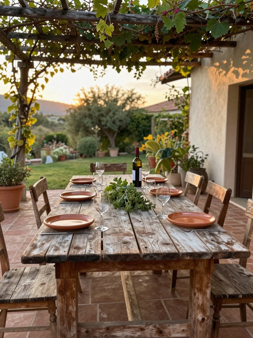 Photo of a large weathered wooden table in a courtyard, set for a meal with terracotta plates and a centerpiece of herbs, wide view, setting under a vine-covered pergola, golden hour, containing a bottle of wine on the table, iPhone photo quality.