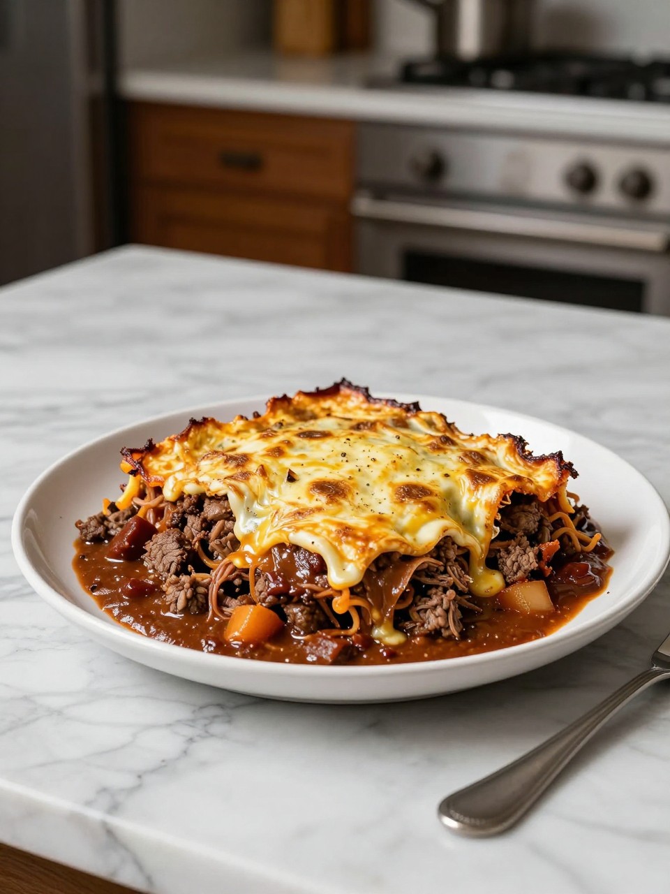 An overheard picture view of a plate of Ground Beef Chile Relleno Casserole sitting on a marble countertop table in the kitchen, professional food photography style.