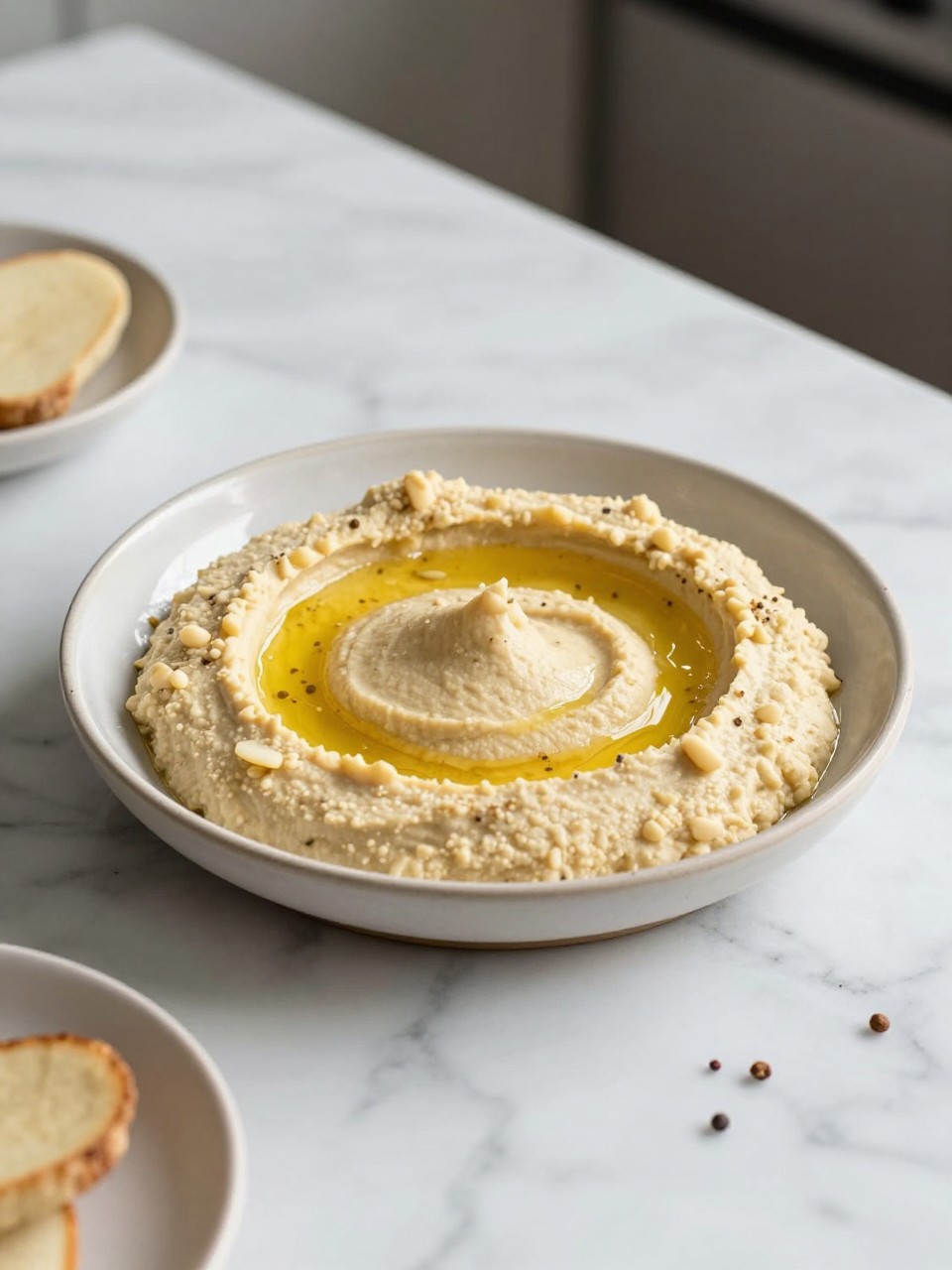 An overheard picture view of a plate of Simple Hummus from Scratch sitting on a marble countertop table in the kitchen, professional food photography style.