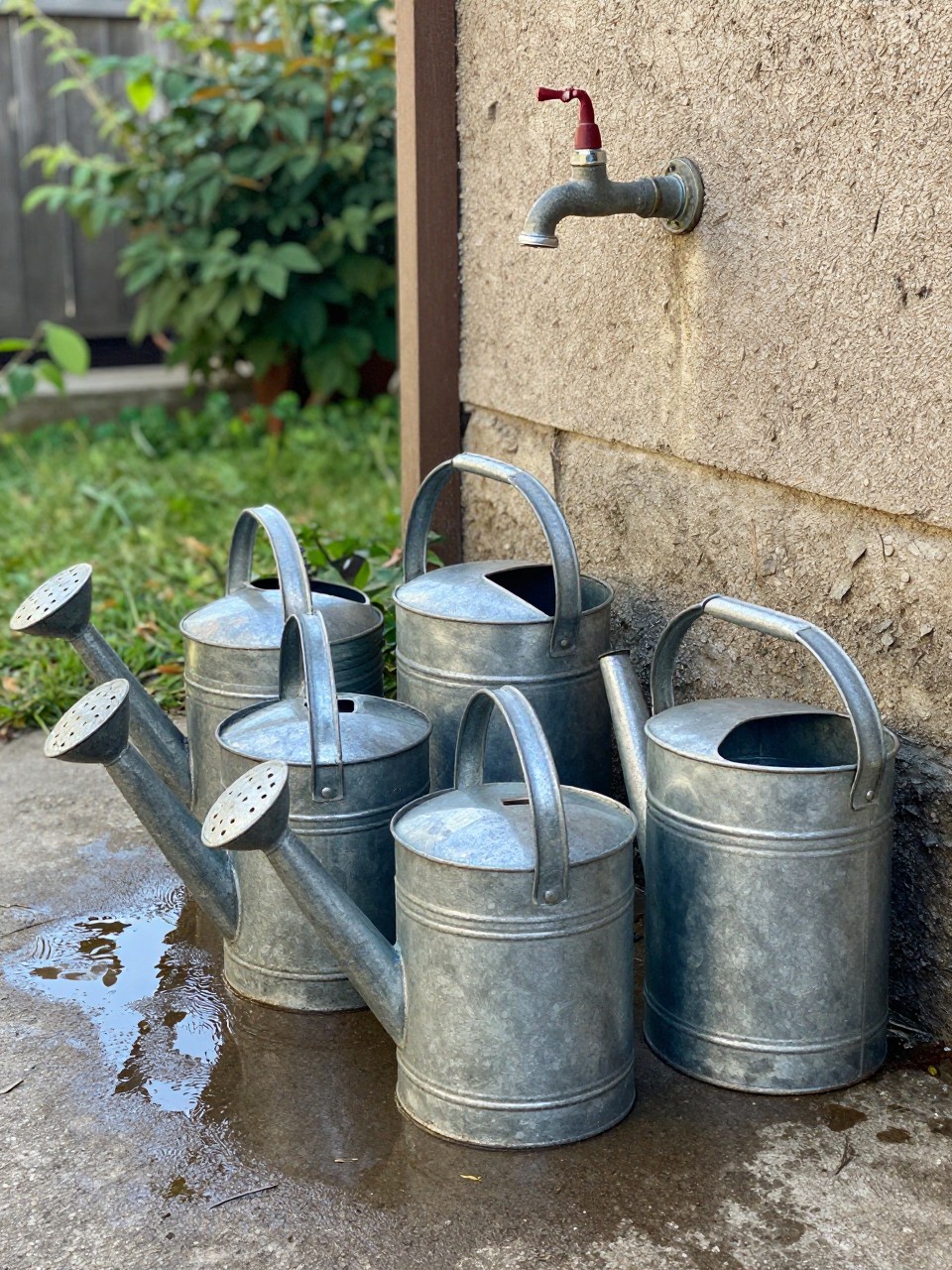 Photo of a collection of old galvanized watering cans by a faucet in a rustic country backyard, corner angle, morning light, containing a small puddle of water on the ground from a recent use, iPhone photo quality.