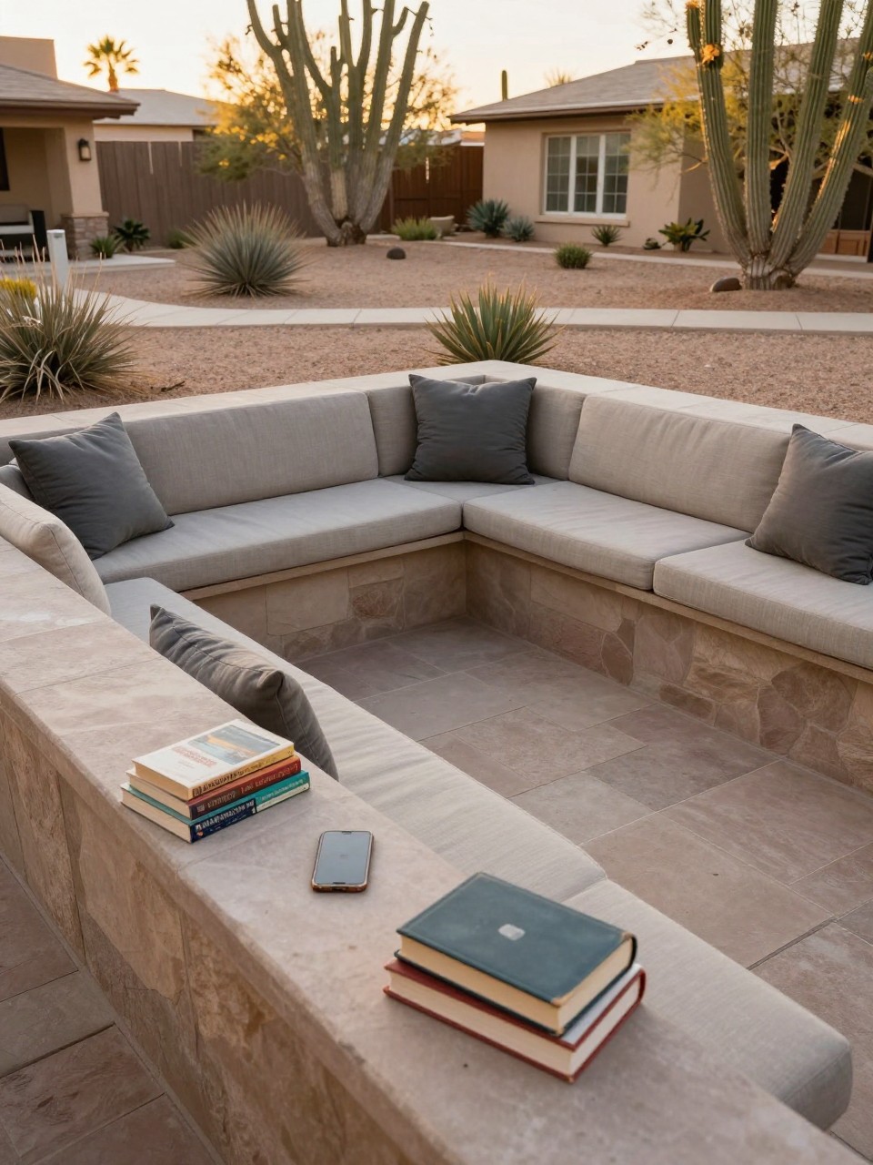 Photo of a sunken seating area with built-in benches and cushions, wide view from above, setting in a backyard with desert landscaping, late afternoon light, containing a stack of books on a side ledge, iPhone photo quality.
