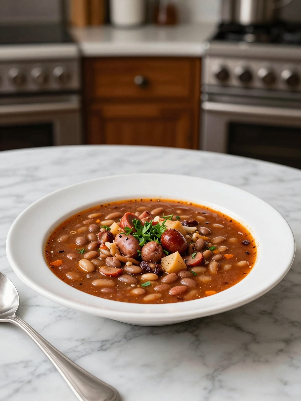 An overheard picture view of a plate of Nona's Italian Bean and Sausage Soup sitting on a marble countertop table in the kitchen, professional food photography style.