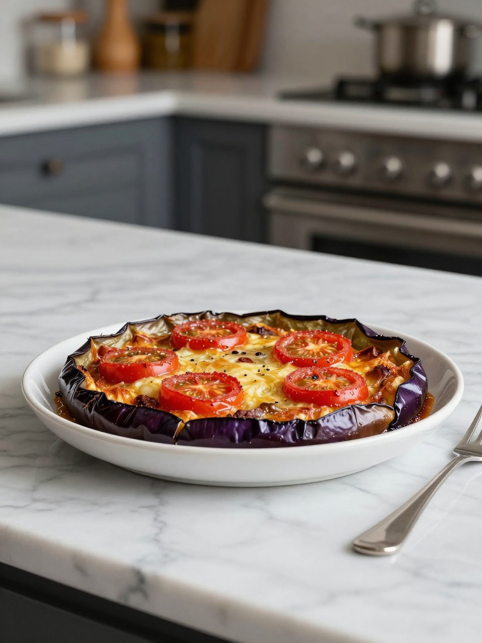 An overheard picture view of a plate of Eggplant and Tomato Gratin sitting on a marble countertop table in the kitchen, professional food photography style.