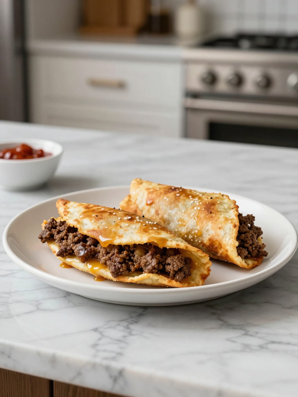An overheard picture view of a plate of Ground Beef Chimichangas sitting on a marble countertop table in the kitchen, professional food photography style.