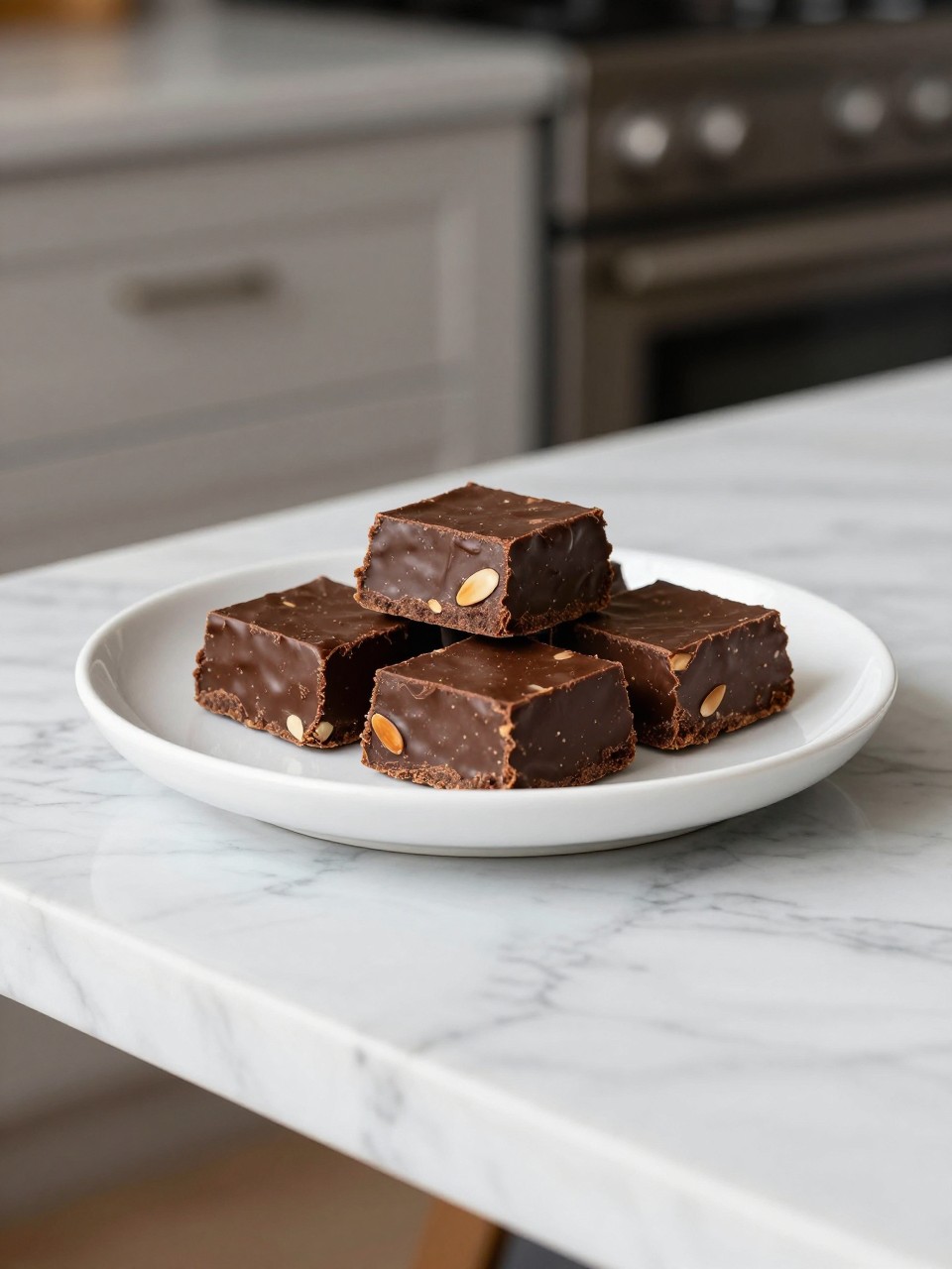 An overheard picture view of a plate of Chocolate Almond Fudge sitting on a marble countertop table in the kitchen, professional food photography style.