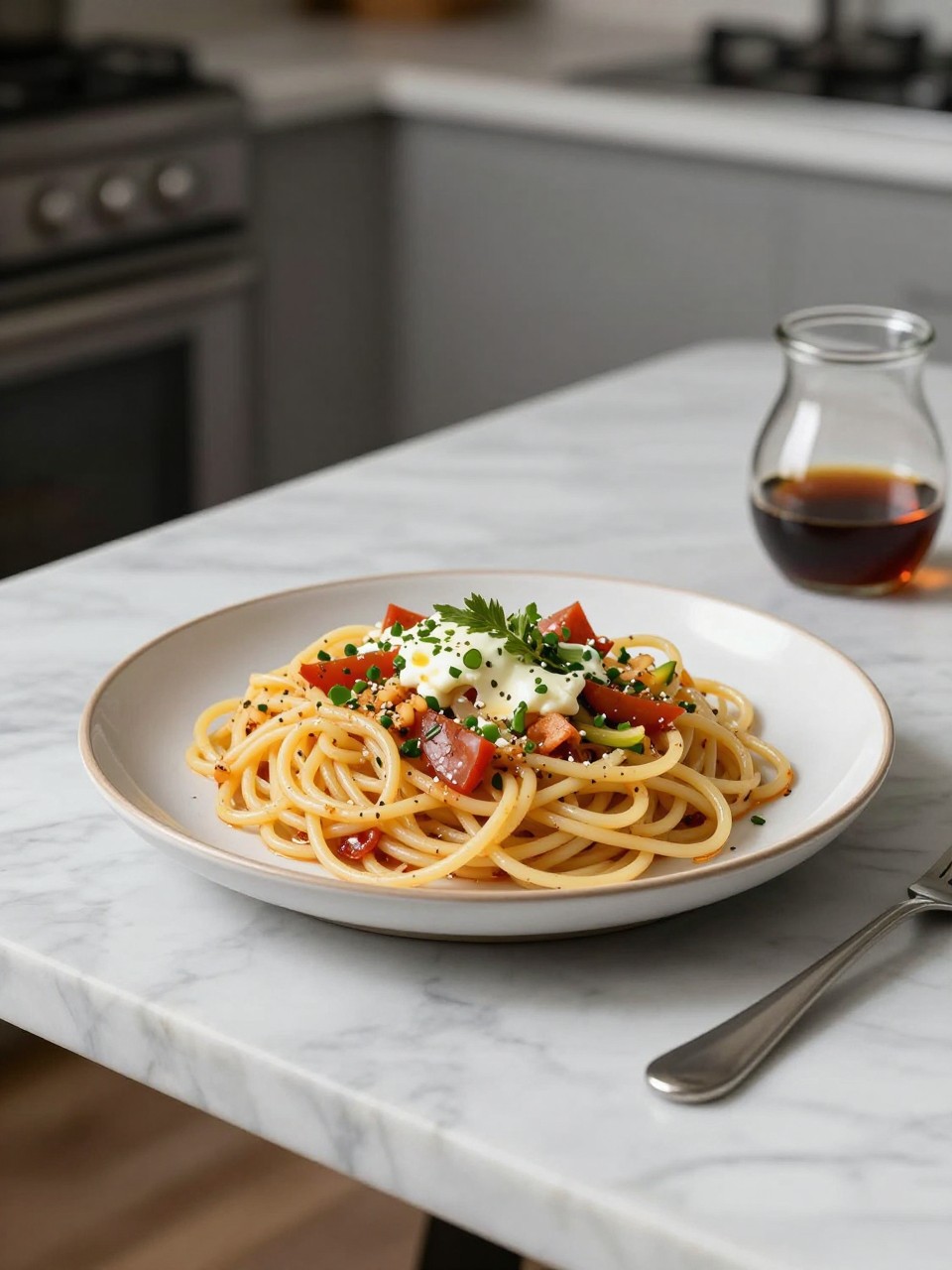 An overheard picture view of a plate of Quick Spaghetti Salad with Italian Dressing sitting on a marble countertop table in the kitchen, professional food photography style.