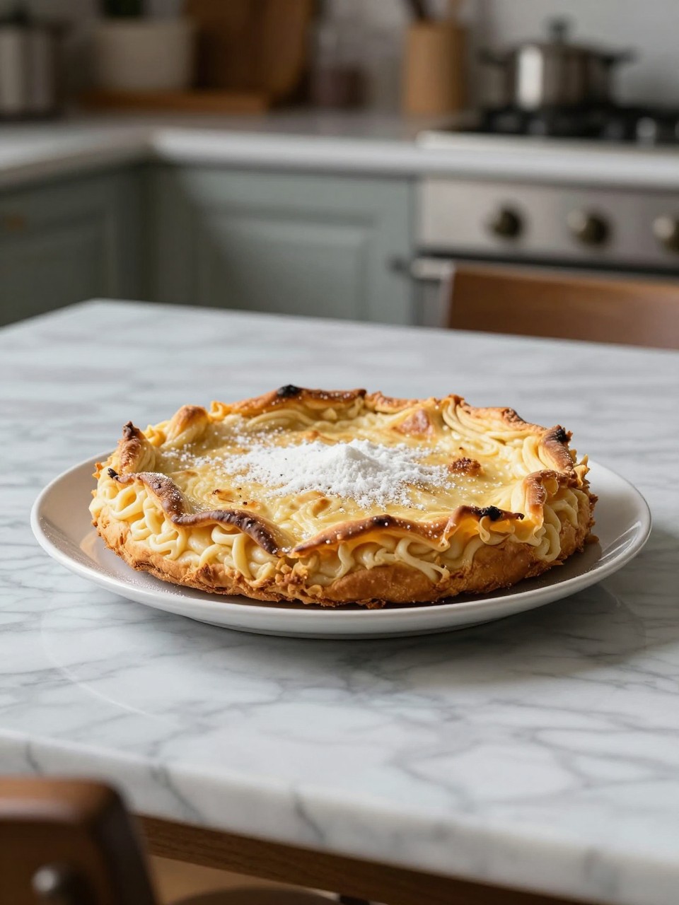 An overheard picture view of a plate of Torta della Nonna sitting on a marble countertop table in the kitchen, professional food photography style.