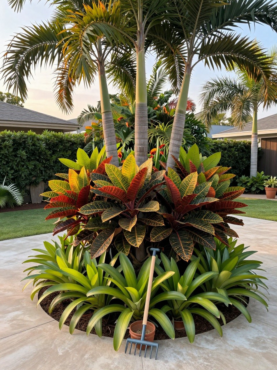 Photo of a layered tropical planting with tall palms, medium crotons, and low bromeliads, wide view, setting in a backyard garden border, golden hour, containing a small hand rake resting against a pot, iPhone photo quality.
