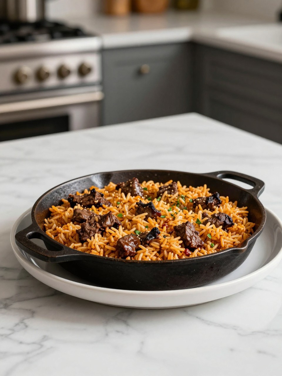 An overheard picture view of a plate of Ground Beef Taco Rice Skillet sitting on a marble countertop table in the kitchen, professional food photography style.