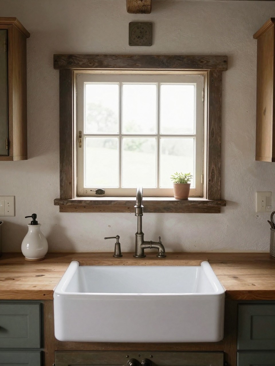 Photo of a rustic kitchen with an old window frame mounted as a backsplash behind a farmhouse sink, straight-on view, setting in a country kitchen, morning light, containing a ceramic soap dispenser on the counter, iPhone photo quality.