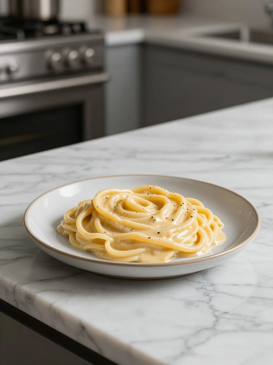 An overheard picture view of a plate of Alfredo Sauce sitting on a marble countertop table in the kitchen, professional food photography style.