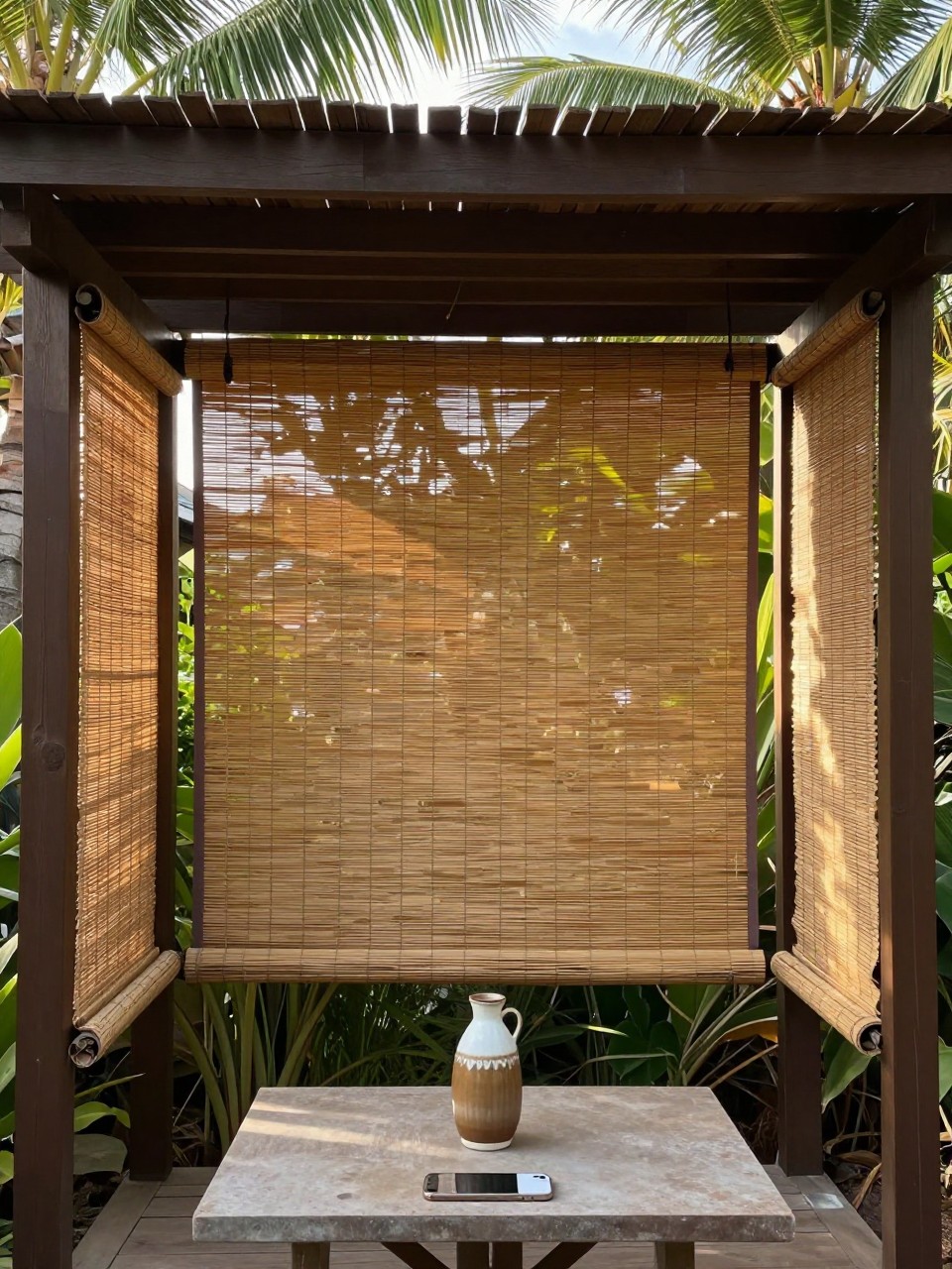 Photo of a pergola with rolled bamboo shades on the sides, straight-on view, setting in a tropical-style garden, morning light, containing a ceramic water bottle on the table, iPhone photo quality.