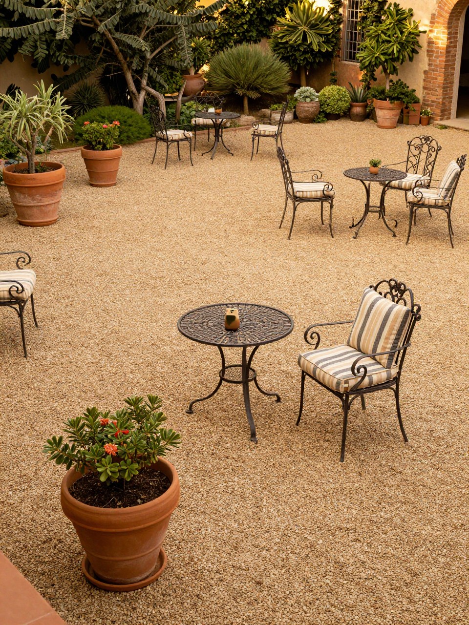 Photo of a courtyard covered in warm-toned gravel, with terracotta pots and wrought iron furniture arranged on it, wide view from above, setting in a Tuscan-style garden, late afternoon light, containing a striped cushion on a chair, iPhone photo quality.