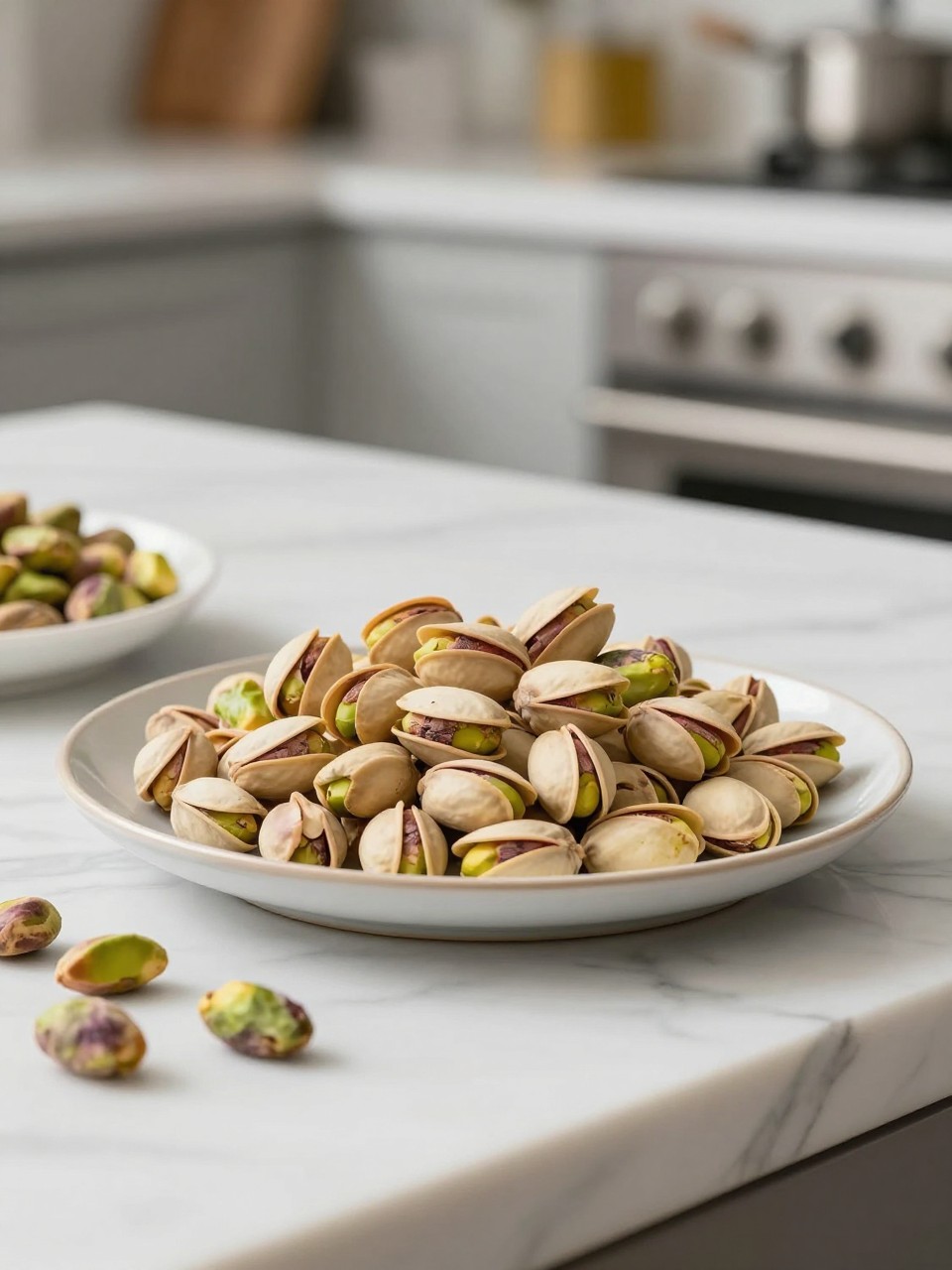 An overheard picture view of a plate of Pistachio sitting on a marble countertop table in the kitchen, professional food photography style.