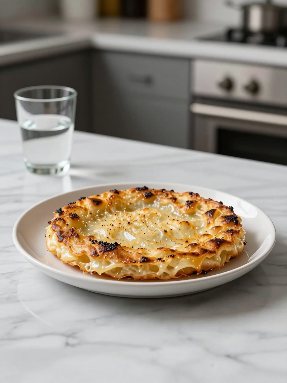 An overheard picture view of a plate of Classic Sbrisolona sitting on a marble countertop table in the kitchen, professional food photography style.