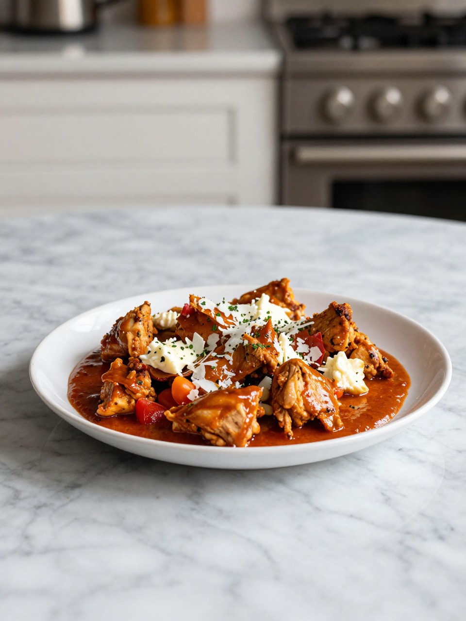 An overheard picture view of a plate of Chilaquiles with Chicken sitting on a marble countertop table in the kitchen, professional food photography style.