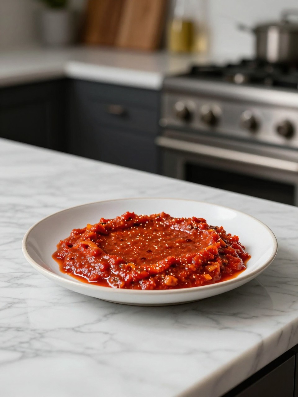 An overheard picture view of a plate of Arrabbiata Sauce sitting on a marble countertop table in the kitchen, professional food photography style.