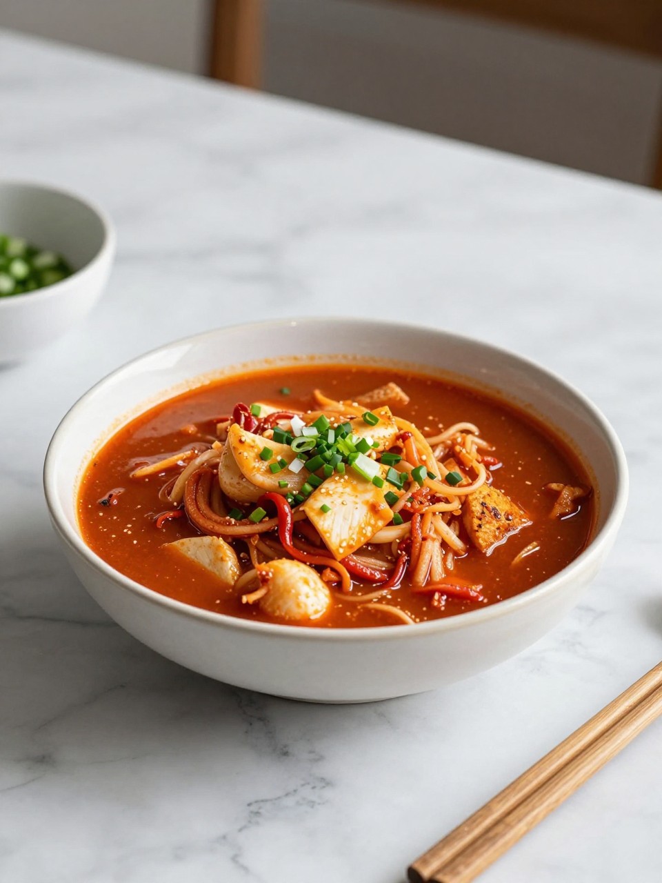 An overheard picture view of a plate of The Korean Vegan's High-Protein Kimchi Jjigae sitting on a marble countertop table in the kitchen, professional food photography style.
