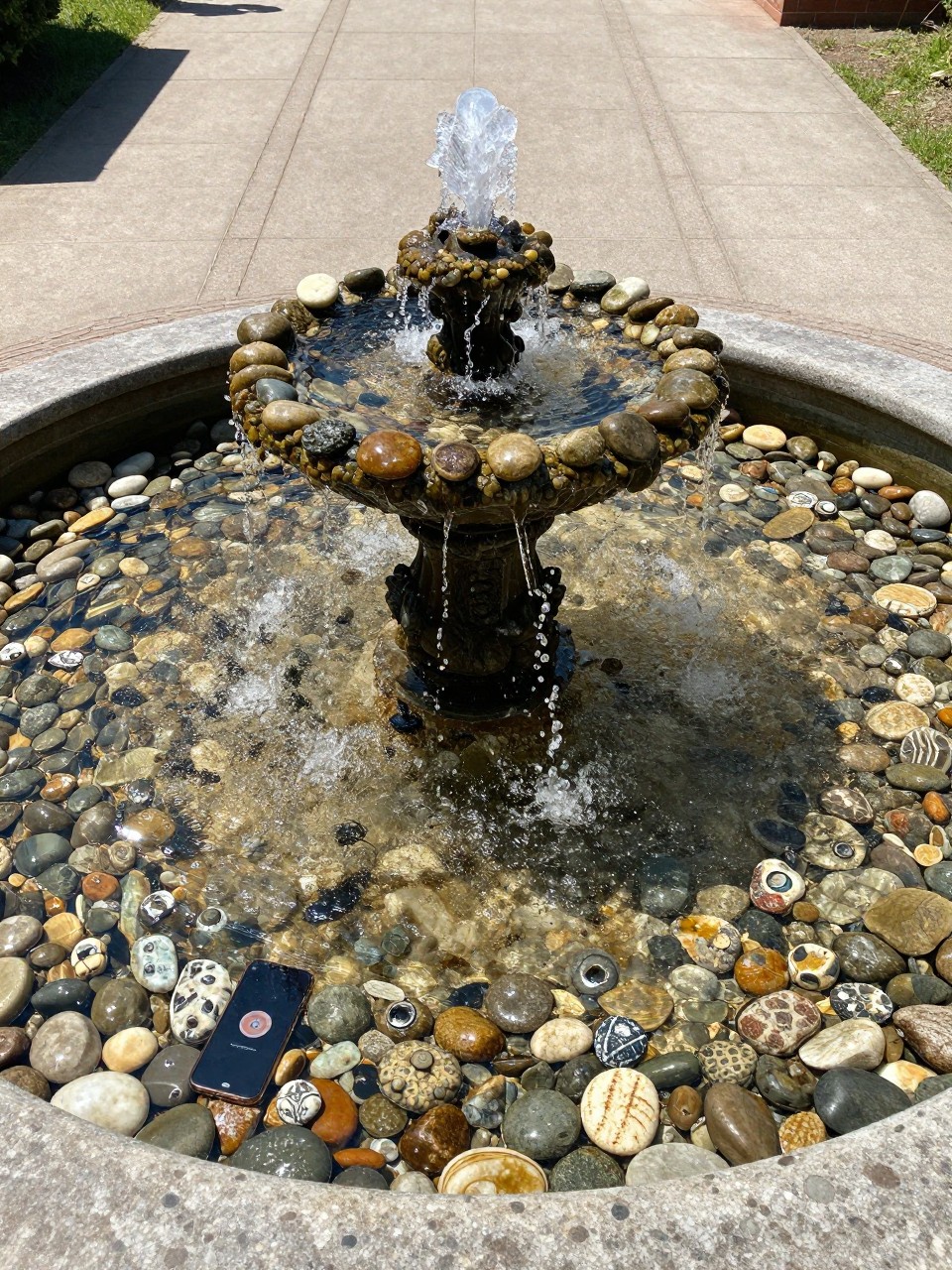 Photo of a ground-level pebble fountain with water bubbling up through stones, wide overhead view, setting in a courtyard pathway, bright midday light, containing a small garden statue tucked among the pebbles, iPhone photo quality.