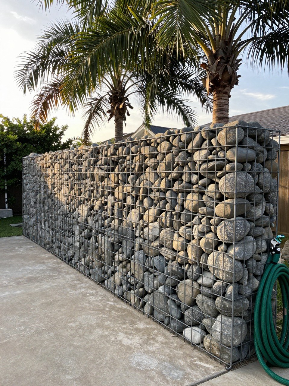 Photo of a gabion stone wall filled with rounded beach pebbles, wide view, setting in a tropical backyard with palm trees overhead, late afternoon light, containing a coiled garden hose nearby, iPhone photo quality.