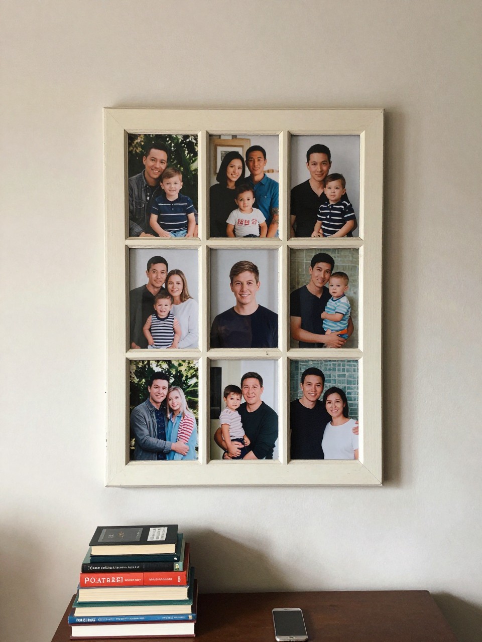 Photo of a old window frame with family photos displayed behind each pane, straight-on view, setting in a cozy living room, soft afternoon light, containing a stack of books on a nearby shelf, iPhone photo quality.