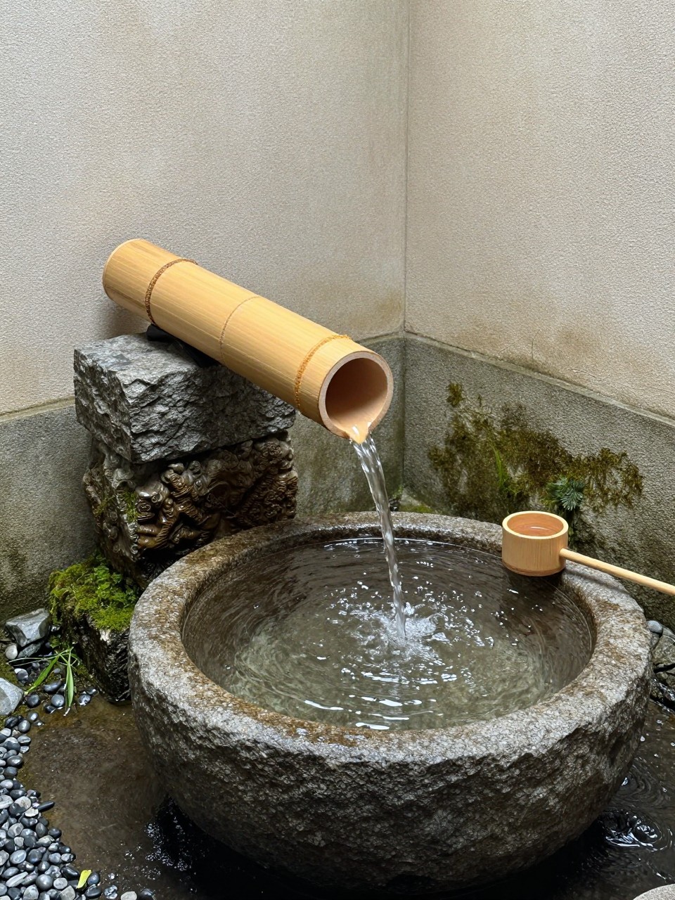 Photo of a bamboo shishi-odoshi fountain tipping water into a stone basin, corner angle view, setting in a quiet courtyard corner with mossy stones, soft morning light, containing a small wooden dipper resting nearby, iPhone photo quality.