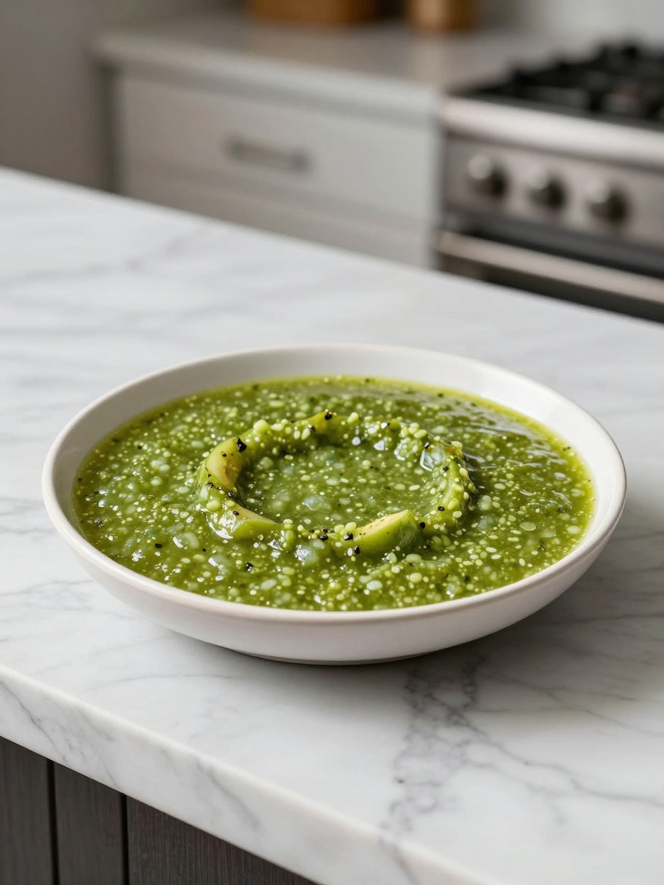 An overheard picture view of a plate of Salsa Verde sitting on a marble countertop table in the kitchen, professional food photography style.