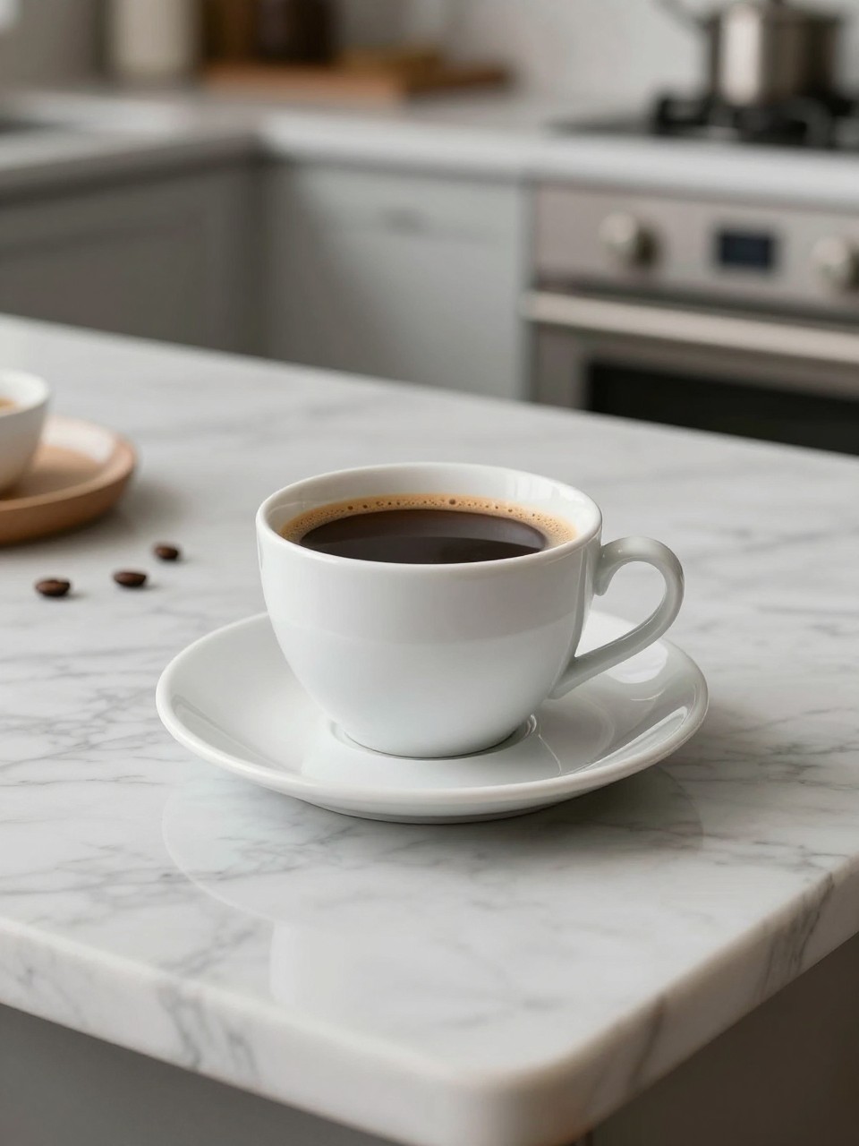 An overheard picture view of a plate of Coffee sitting on a marble countertop table in the kitchen, professional food photography style.