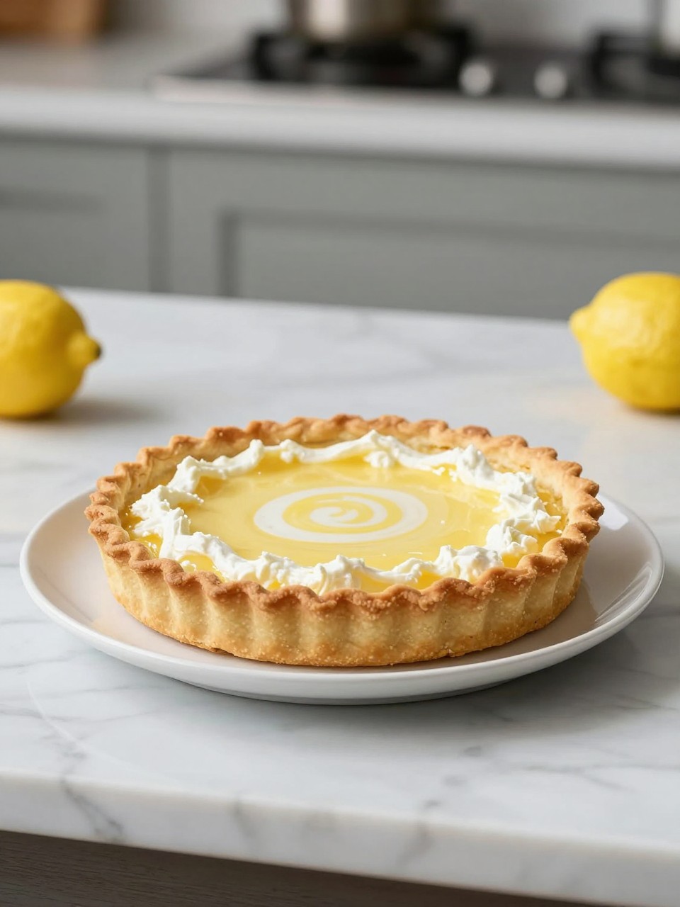 An overheard picture view of a plate of Ricotta Shortcrust Tart with Lemon Filling sitting on a marble countertop table in the kitchen, professional food photography style.