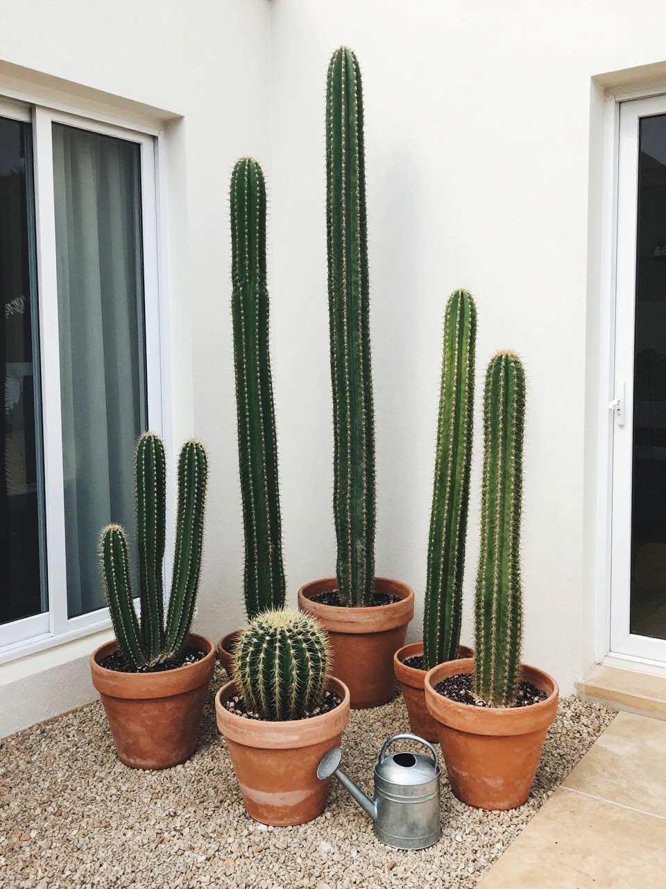 Photo of a collection of tall cactus in terra cotta pots on a gravel patio, wide view, setting in a corner near a sliding glass door, morning light, containing a small watering can with a long spout, iPhone photo quality.