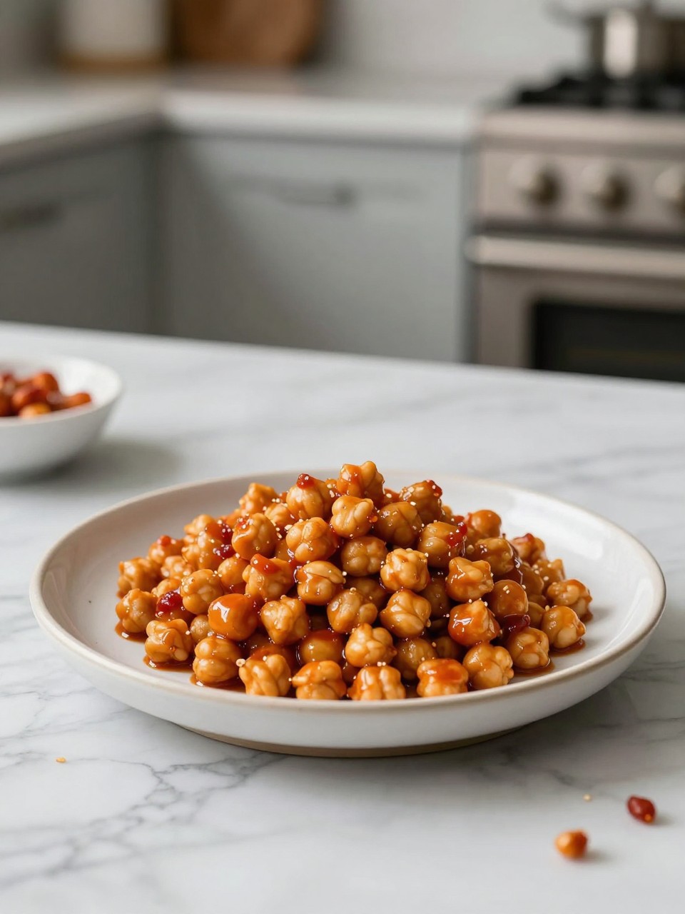 An overheard picture view of a plate of Gochujang Chickpeas sitting on a marble countertop table in the kitchen, professional food photography style.