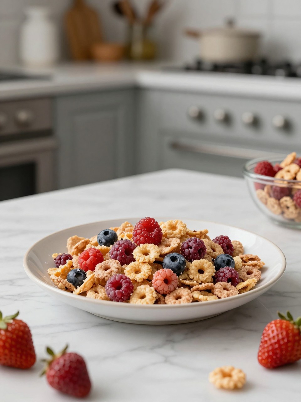 An overheard picture view of a plate of Fruity Cereal sitting on a marble countertop table in the kitchen, professional food photography style.