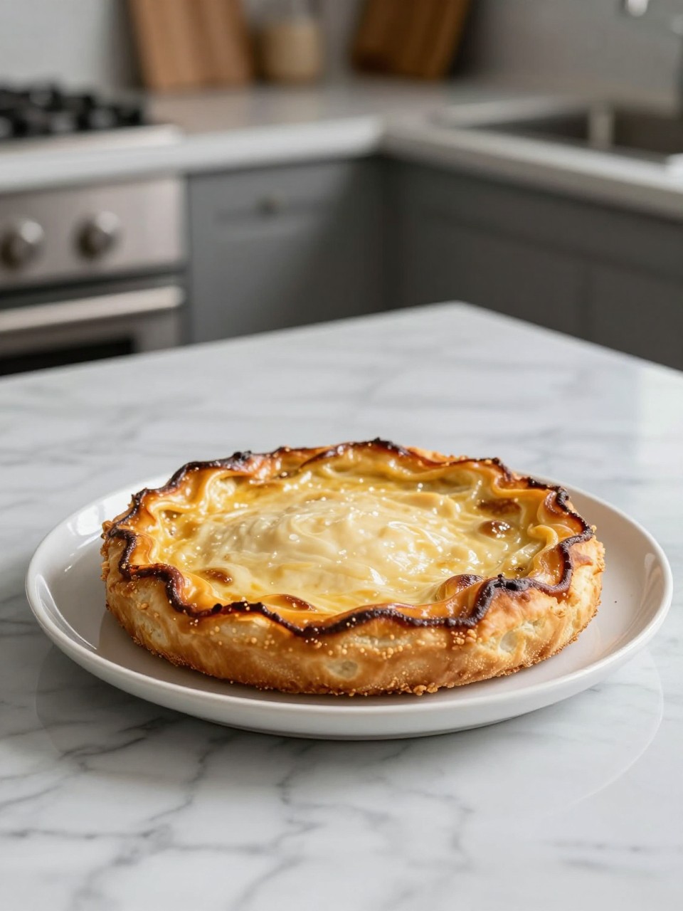 An overheard picture view of a plate of Cassata Alla Siciliana sitting on a marble countertop table in the kitchen, professional food photography style.