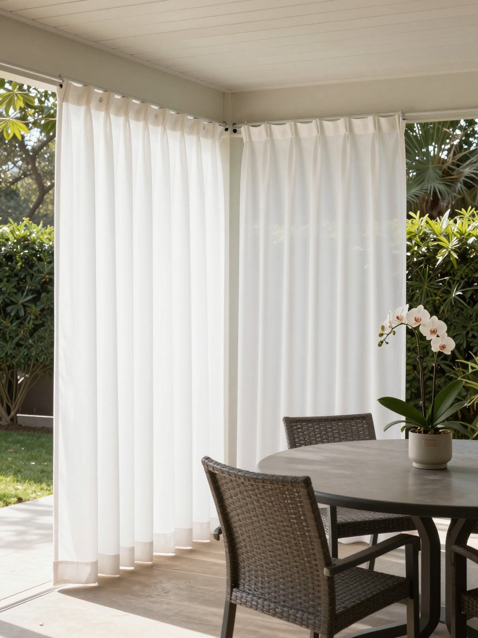 Photo of a patio with white outdoor curtains drawn for privacy, corner angle view, setting in a covered dining area with a table, soft morning light, containing a potted orchid on the table, iPhone photo quality.