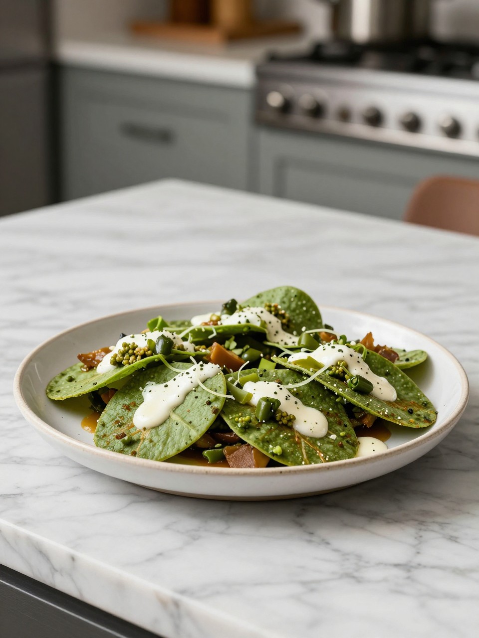 An overheard picture view of a plate of Chilaquiles Verdes sitting on a marble countertop table in the kitchen, professional food photography style.