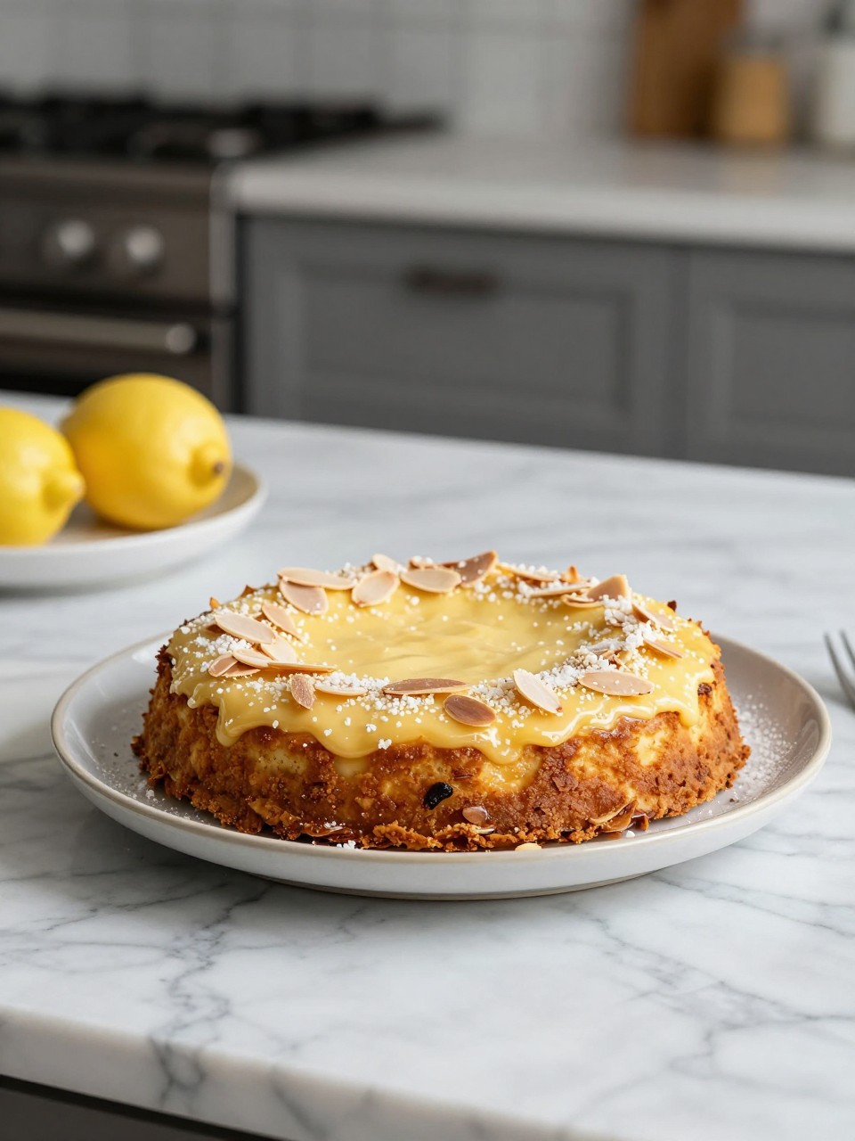 An overheard picture view of a plate of Italian Lemon Ricotta Cake with Almond Flour sitting on a marble countertop table in the kitchen, professional food photography style.