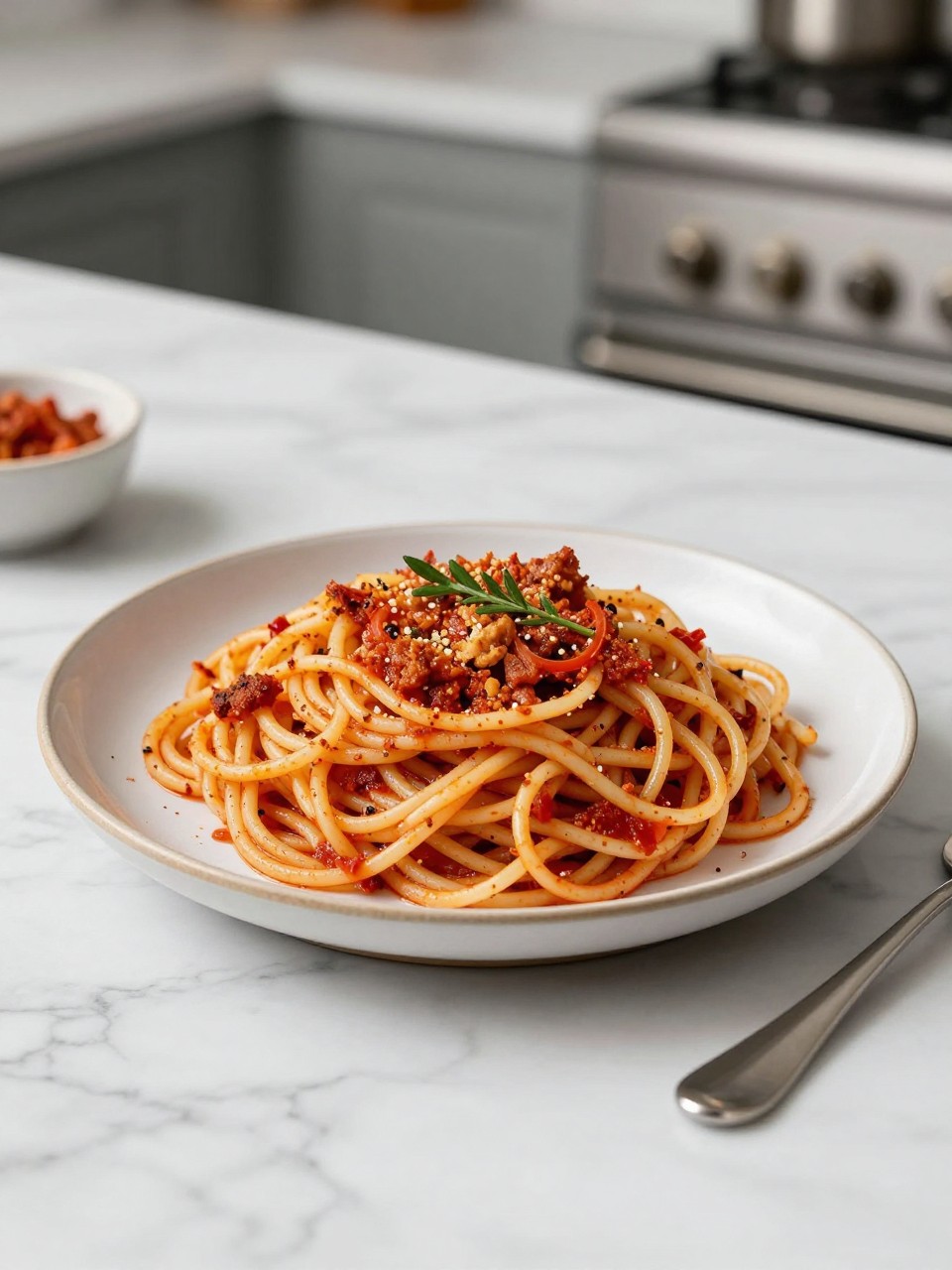 An overheard picture view of a plate of Paprika Spaghetti Salad sitting on a marble countertop table in the kitchen, professional food photography style.