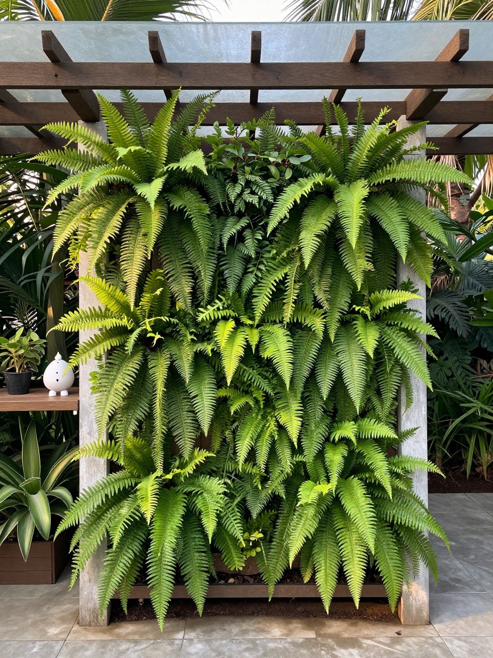 Photo of a pergola with a living wall of ferns and trailing plants on one side, straight-on view, setting in a tropical-style garden, soft morning light, containing a small mister on a nearby shelf, iPhone photo quality.